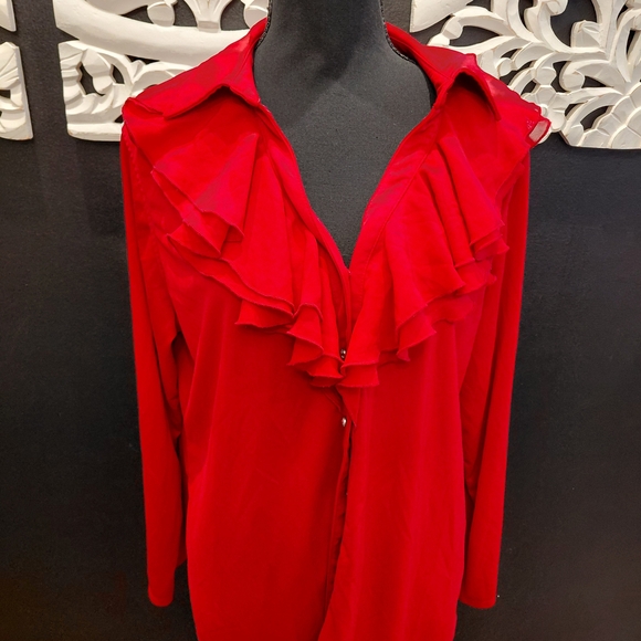 Avenue Red Ruffle Front Button-Down Shirt - Picture 2 of 4